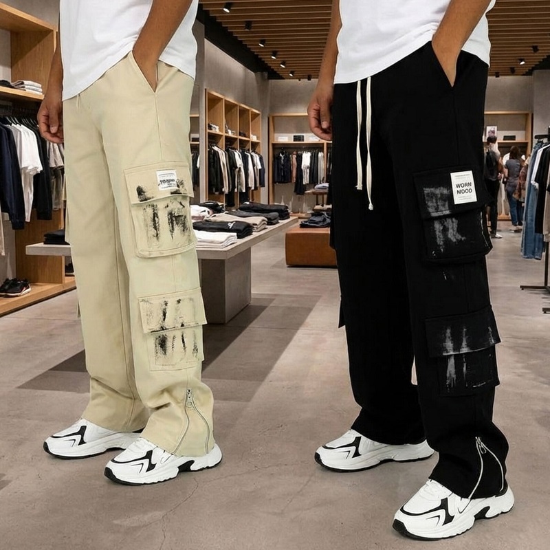 شلوار کارگو شش جیب پایین زیپ مدل sami-کرم